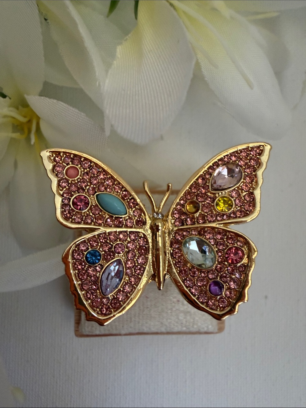 Kurt Geiger Gold Butterfly Large Ring with Pink and Blue Accents Sz 7 New